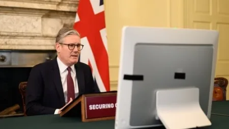 UK Prime Minister Keir Starmer hosts a video conference call in Downing Street