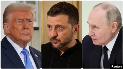 This combination of undated Reuters photos features, left to right, U.S. President Donald Trump, Ukrainian President Volodymyr Zelenskyy and Russian President Vladimir Putin