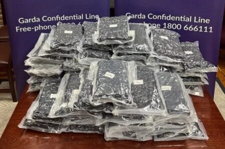 Two Arrested: Gardaí discovered and seized 46 packages of vacuum-sealed cannabis herb, with an estimated street value of €460,000, pending analysis. (Image: An Garda Síochána)
