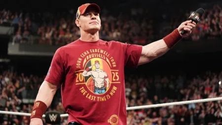 BRUSSELS, BELGIUM - MARCH 17: John Cena addresses[-]the audience during Monday Night RAW at Forest National on March 17, 2025 in Brussels, Belgium. (Photo by WWE/WWE via Getty Images) WWE via Getty Images