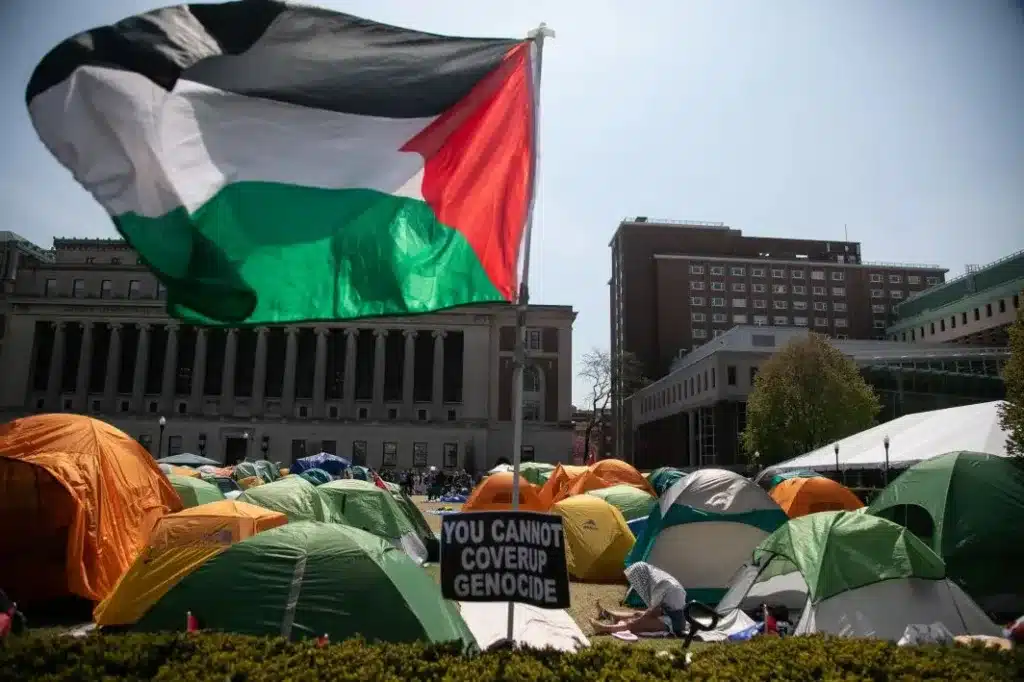 Anti-Israel demonstrators protest inside the Gaza Solidarity Encampment at Columbia University.Michael Nagle
