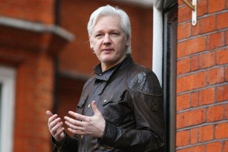 Julian Assange speaks to the media from the balcony of the Ecuadorian Embassy in London in 2017.Jack Taylor / Getty Images file