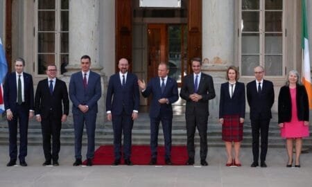imon Harris (L) and Pedro Sánchez (3rd left) among other EU leaders meet in Warsaw, Poland, on 11 April. Photograph: Kacper Pempel/Reuters
