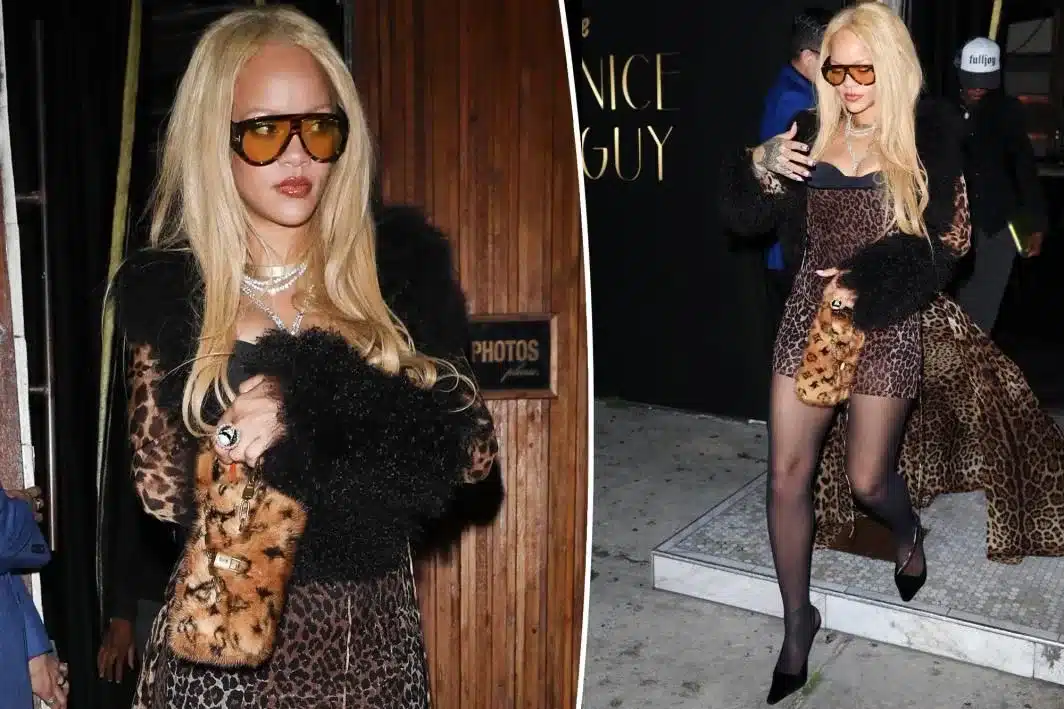 Rihanna rocked a full leopard look as she attended a friend’s birthday dinner Thursday night.GC Images