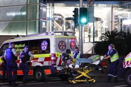Emergency services are seen outside the scene of a stabbing in Sydney, on Saturday, April 13.  Steven Saphore/AAP Image/AP