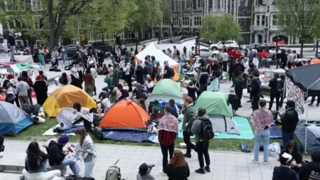 City College of New York students set up tents in an anti-Israel protest.Reuters