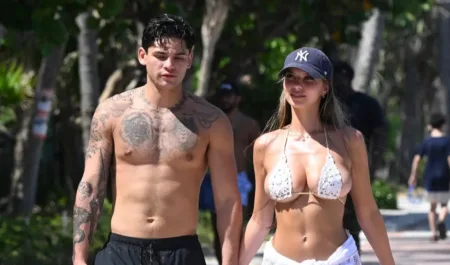 Ryan Garcia strolls hand-in-hand with Grace Boor in Miami Beach on April 22, 2024.MEGA