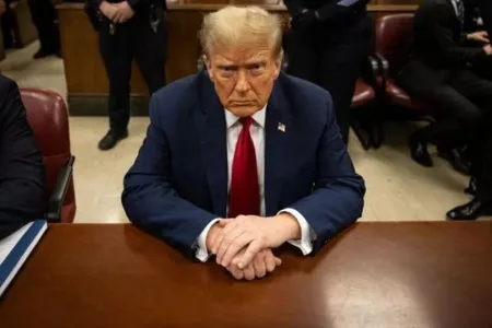Former US president Donald Trump waits for the start of proceedings in Manhattan criminal court on Tuesday (Yuki Iwamura/AP)p