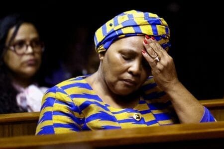 Nosiviwe Mapisa-Nqakula in court in Pretoria, South Africa, on Thursday. She stepped down as speaker of the country’s National Assembly this week.Credit...Phill Magakoe/Agence France-Presse — Getty Images