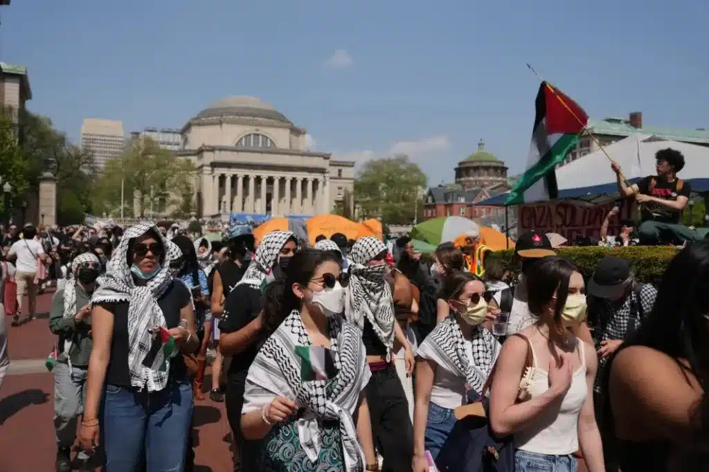 Anti-Israel protestors marching at Columbia University’s campus on April 29, 2024.James Keivom