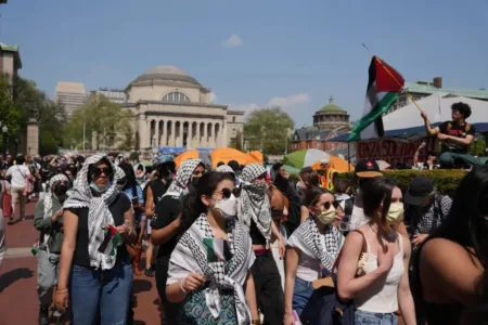 Anti-Israel protestors marching at Columbia University’s campus on April 29, 2024.James Keivom