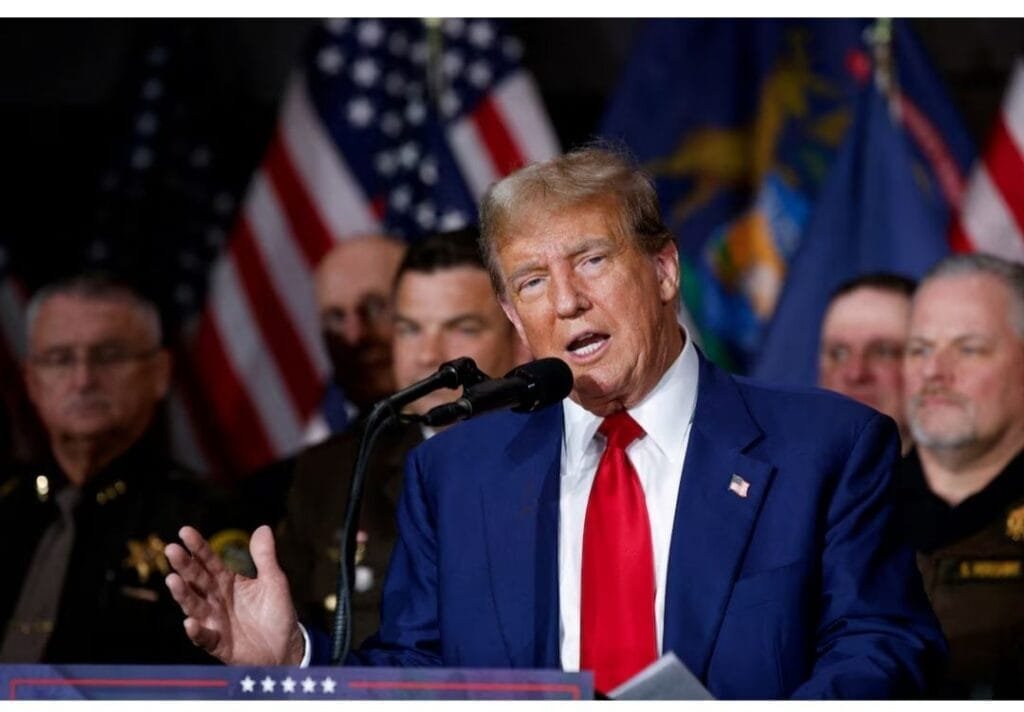 Republican presidential candidate and former U.S. President Donald Trump speaks during a campaign rally in Grand Rapids, Michigan, U.S., April 2, 2024. REUTERS/Rebecca Cook/FILE PHOTO Purchase Licensing Rights