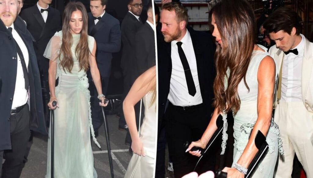 Victoria Beckham arrived at her 50th birthday bash in London with her crutches after breaking her foot in February.SplashNews.com