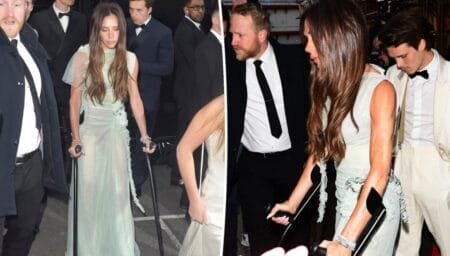 Victoria Beckham arrived at her 50th birthday bash in London with her crutches after breaking her foot in February.SplashNews.com