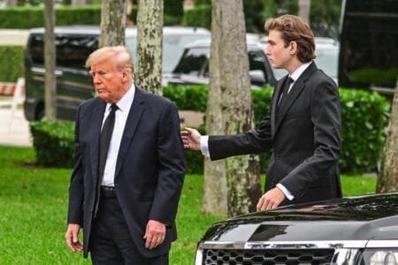 Donald Trump and his son Barron Trump attend the funeral of former first lady Melania Trump’s mother, Amalija Knavs, at Bethesda by the Sea Church in Palm Beach, Florida, on January 18, 2023.AFP via Getty Images