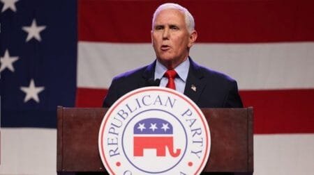 Former Vice President Mike Pence speaks at the Republican Party of Iowa's annual Lincoln Dinner in Des Moines, Iowa, on July 28, 2023. (Rachel Mummey/Bloomberg via Getty Images)