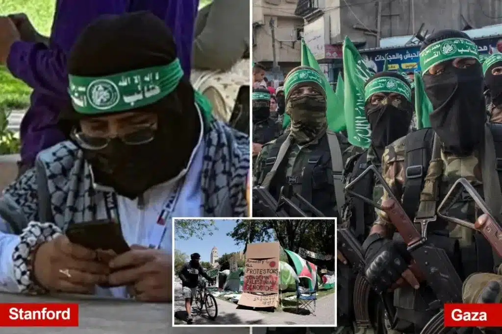 A anti-Israel protester was seen wearing a Hamas headband on Stanford’s campus.Stanford University