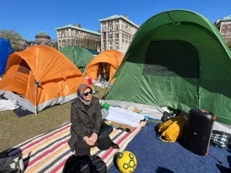 The wife of a convicted terrorist seen at the protest encampment.X / @SamiAlArian