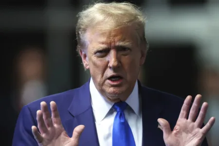 Former President Donald Trump speaks to media as he returns to his trial at the Manhattan Criminal Court, Friday, May 3, 2024, in New York. (Charly Triballeau/Pool Photo via AP) (Charly Triballeau / Associated Press)