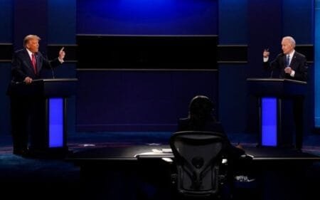 Donald Trump and Joe Biden during the second and final presidential debate on Oct. 22, 2020.AP