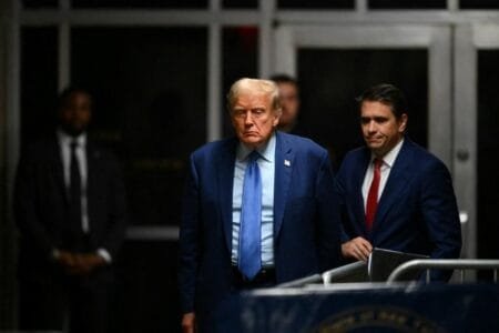 Former President Donald Trump’s mid for a mistrial in his Manhattan “hush money” trial was denied by a judge.Photo by ANGELA WEISS/POOL/AFP via Getty Images