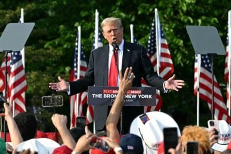 Former President Donald Trump speaking at a campaign rally in the Bronx on May 23, 2024.AFP via Getty Images