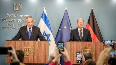 March 17, 2024, Israel, Jerusalem: Federal Chancellor Olaf Scholz (SPD) and Benjamin Netanyahu (l), Prime Minister of Israel, give a press statement.  (Kay Nietfeld/picture alliance via Getty Images)