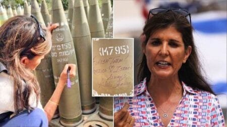 Former Republican presidential candidate Nikki Haley scrawled a message of encouragement to the IDF on an artillery shell during a visit to Israel on Memorial Day. (Danny Danon/ @dannydanon, left and inset, Kobi Wolf/Bloomberg via Getty Images, right.)