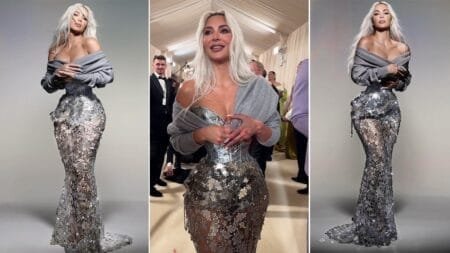 The star wowed in an open metalwork skirt and silver brocade corset.AFP via Getty Images