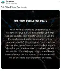 “Despite Nicki’s best efforts to explore every possible avenue to make tonight’s show happen, the events of today have made it impossible,” an official statement read.@TheCoopLive/X “Despite Nicki’s best efforts to explore every possible avenue to make tonight’s show happen, the events of today have made it impossible,” an official statement read.@TheCoopLive/X