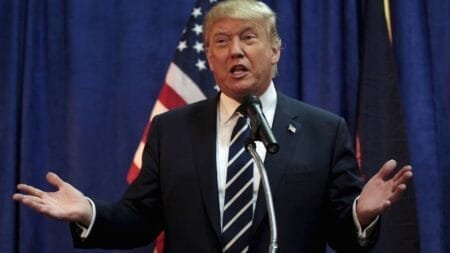Donald Trump speaking during the NRA Convention in 2023, © Copyright 2023 The Associated Press. All rights reserved.