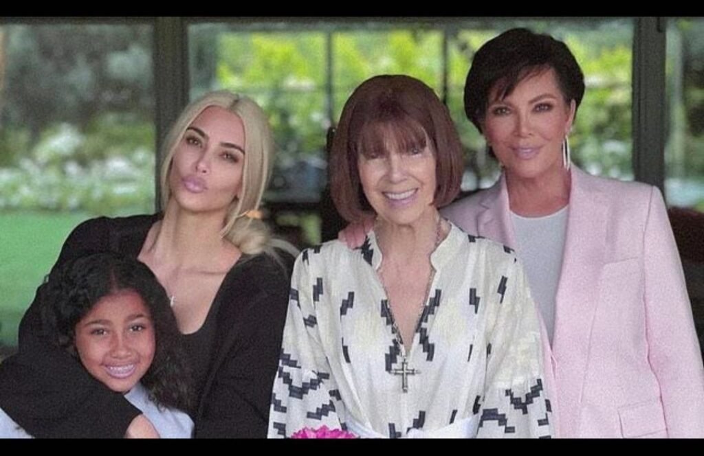 Kim Kardashian shared a late Mother's Day post to her Instagram account on Sunday evening. In one image the 43-year-old SKIMS founder represented four generations: she was with her grandmother MJ, 89, her mother Kris, 68, and her daughter North, 10.