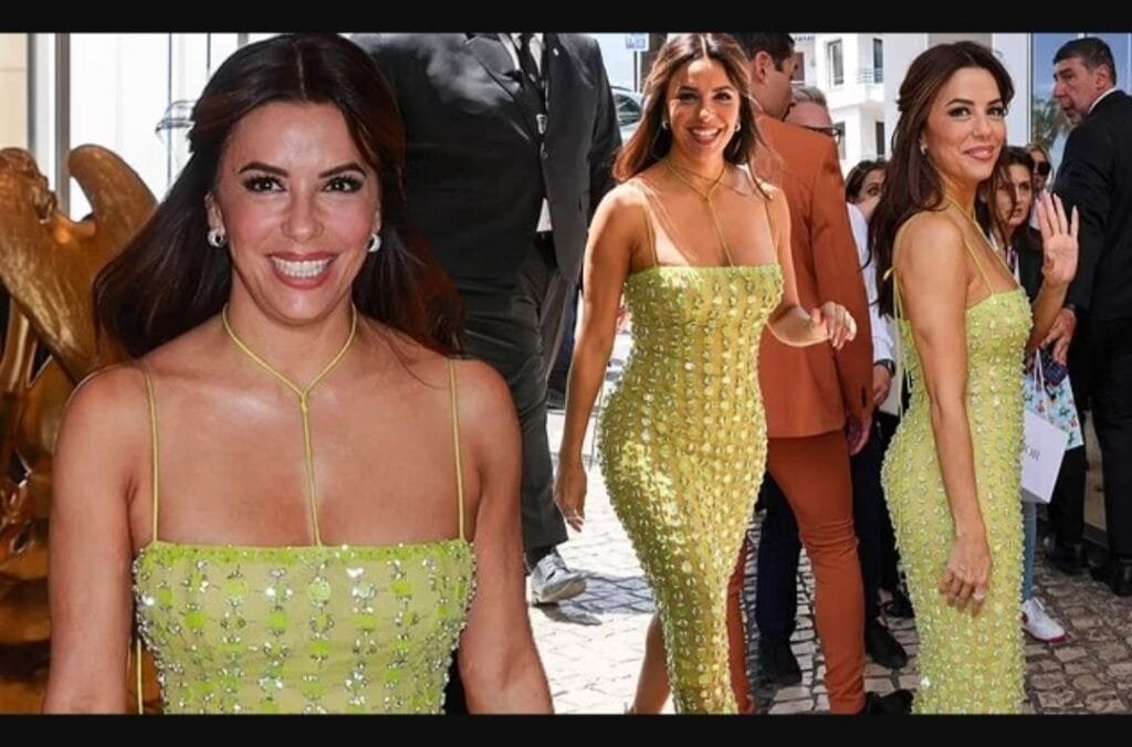 Eva Longoria made yet another showstopping appearaince in a dazzling green beaded gown as she stepped out during the fifth day of the Cannes Film Festival on Saturday