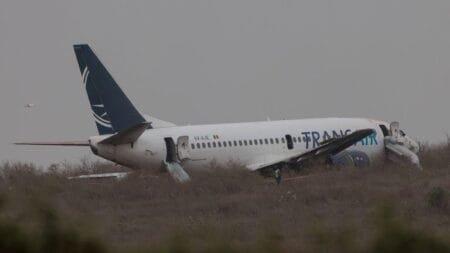 A plane is seen after skidding off the runway at Blaise Diagne International Airport in Dakar, Senegal. Pic: Reuters