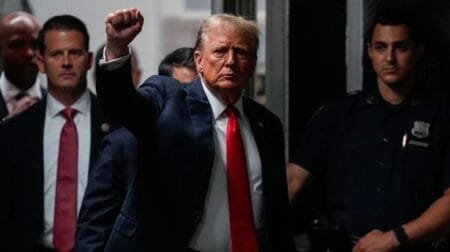 Former President Trump returns from a lunch break for his hush money trial at Manhattan Criminal Court May 28, 2024, in New York City.  (Julia Nikhinson-Pool/Getty Images)