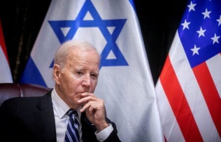 U.S. President Joe Biden pauses during a meeting with Israeli Prime Minister Benjamin Netanyahu to discuss the ongoing conflict between Israel and Hamas, in Tel Aviv, Israel, Wednesday, Oct. 18, 2023. Miriam Alster/Pool via Reuters