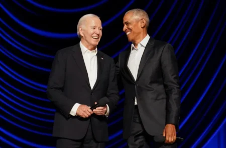 Biden and former President Barack Obama share a laugh during a star-studded campaign fundraiser at the Peacock Theater in Los Angeles. REUTERS