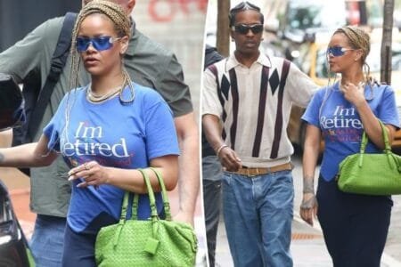 Rihanna teased fans Thursday when she wore a T-shirt dress that read, “I’m retired.”Ulices Ramales / BACKGRID