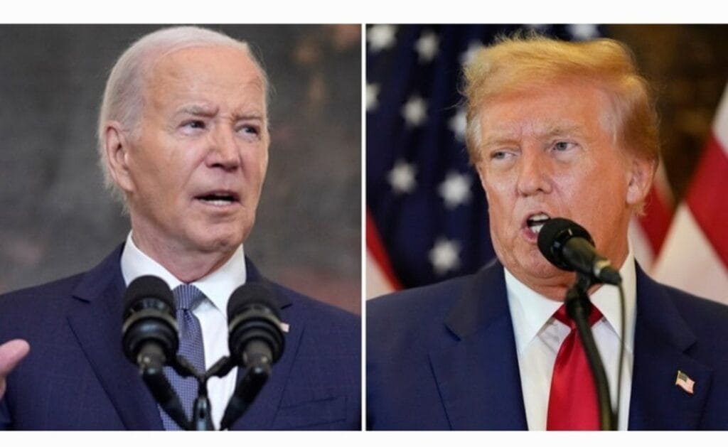Former President Trump holds an 18-point lead over President Biden in Iowa. (AP Photo/Julia Nikhinson and Evan Vucci)