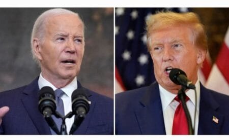 Former President Trump holds an 18-point lead over President Biden in Iowa. (AP Photo/Julia Nikhinson and Evan Vucci)