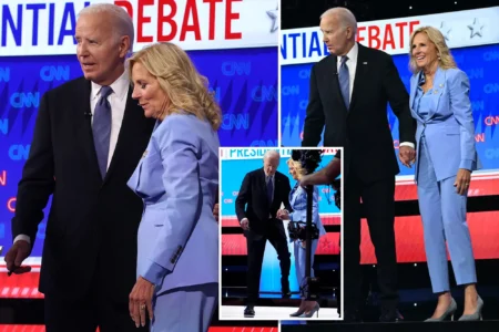 CNN’s cameras captured the 81-year-old president’s wife taking her husband by the hand and slowly leading him down the stage’s three or so steps after the debate. AFP via Getty Images