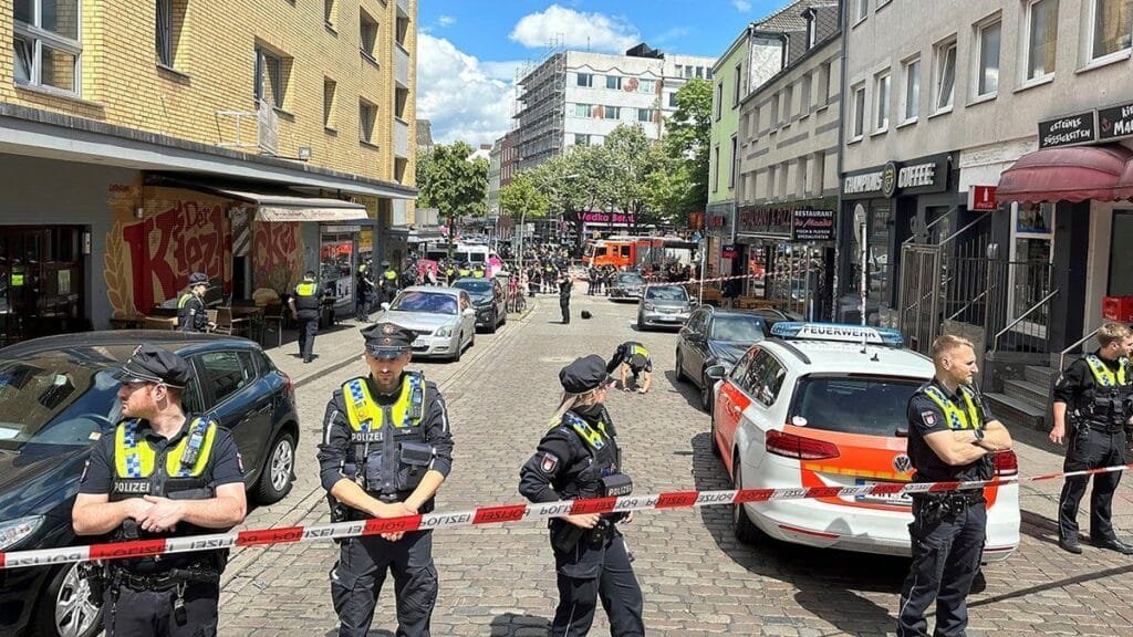 Screen grab of moments after a man carrying an axe was shot down by police officers in the St. Pauli district of Hamburg, before Euro 2024 match between Poland v Netherlands in Hamburg, Germany. June 16, 2024, Nonstopnews/via Reuters