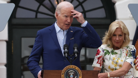 President Biden and first lady Jill Biden deliver remarks during the congressional picnic on the South Lawn of the White House on June 04, 2024 in Washington, DC. (Kevin Dietsch/Getty Images)