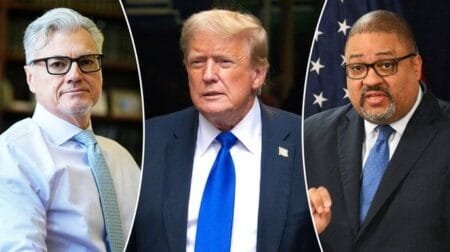 From left to right: Judge Juan Merchan, former President Donald Trump, and Manhattan District Attorney Alvin Bragg. (Getty Images, AP Images)