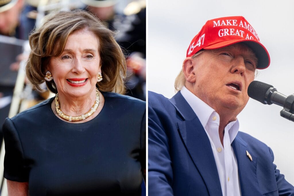Nancy Pelosi on June 08, 2024, in Paris, France, and Republican presidential candidate former U.S. President Donald Trump on June 09, 2024, in Las Vegas, Nevada. Pelosi said she hopes Trump's family holds an intervention... More ANTOINE GYORI - CORBIS/BRANDON BELL/GETTY IMAGES