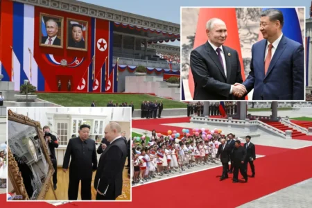 Russian President Vladimir Putin, and North Korea's leader Kim Jong Un, attend the official welcome ceremony in the Kim Il Sung Square in Pyongyang, North Korea, on Wednesday, June 19, 2024. AP