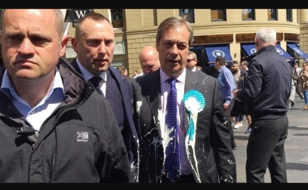 Image:Nigel Farage after he was doused with a milkshake during a campaign walkabout in Newcastle in 2019. Pic: PA