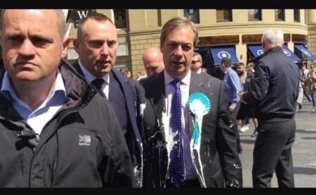 Image:Nigel Farage after he was doused with a milkshake during a campaign walkabout in Newcastle in 2019. Pic: PA