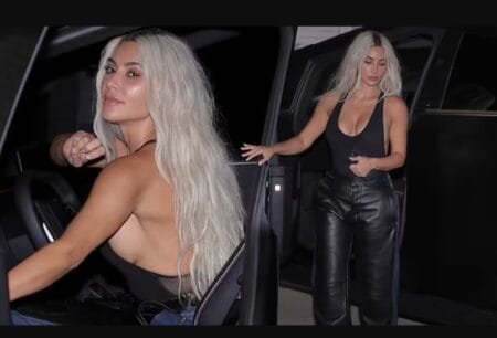 Kim Kardashian looked incredible in a plunging halterneck bodysuit and leather trousers as she stepped out of a Tesla Cybertruck after a meeting in LA on Saturday