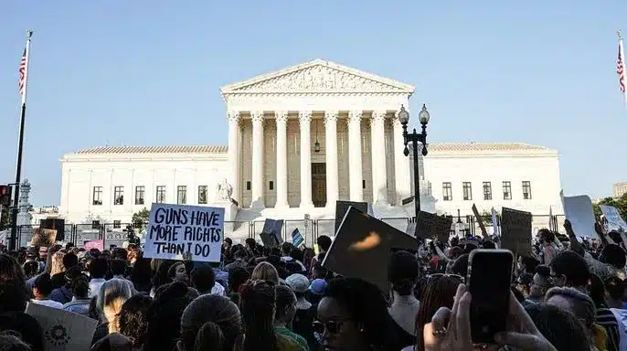 One year ago, abortion rights demonstrators gathered outside the US Supreme Court in Washington, D.C., to protest the overturning of Roe V. Wade. (Photographer: Valerie Plesch/Bloomberg via Getty Images) One year ago, abortion rights demonstrators gathered outside the US Supreme Court in Washington, D.C., to protest the overturning of Roe V. Wade. (Photographer: Valerie Plesch/Bloomberg via Getty Images)